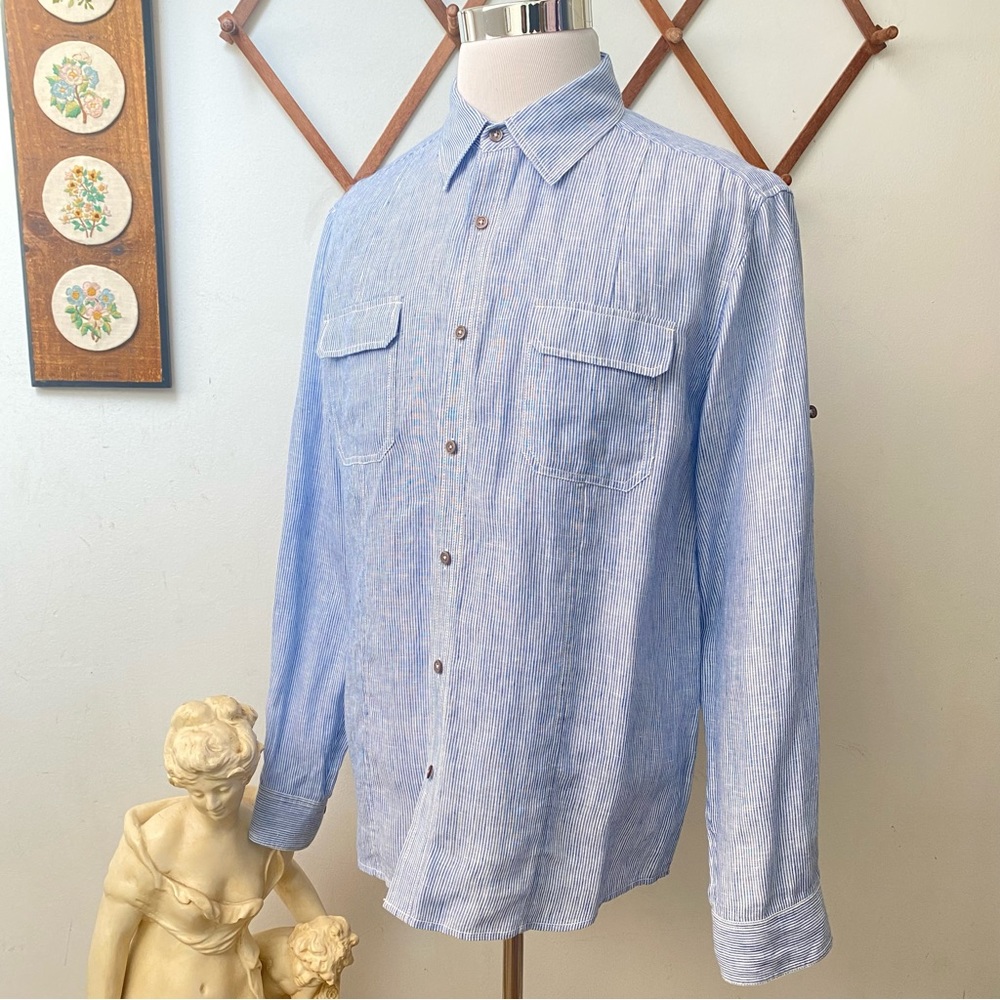 Elie Tahari Linen Pinstriped Button Up Shirt With Pockets - Picture 10 of 16